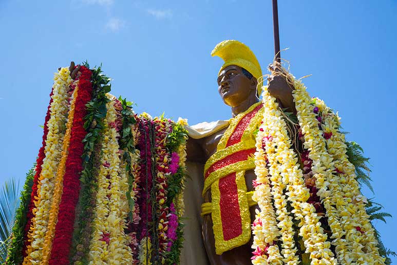 King Kamehameha statue with leis