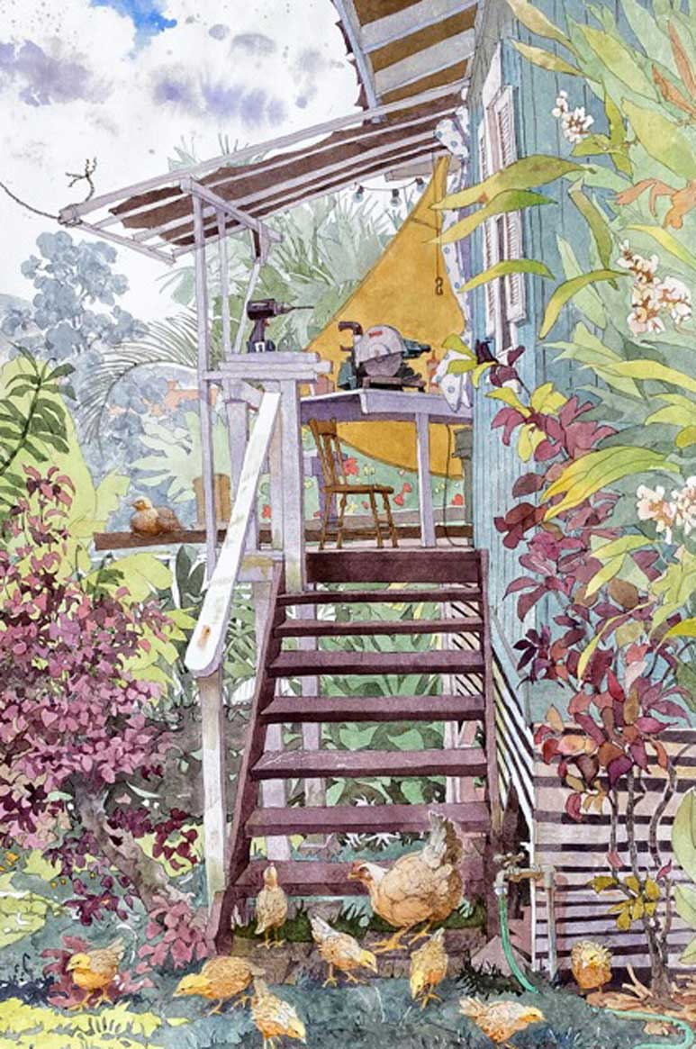 Watercolor Painting by Eddie Flotte: Busy Chicks & Power Tools